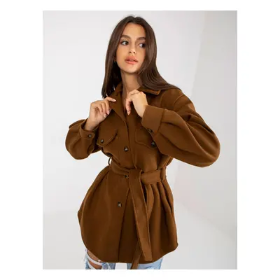 Brown women's coat with pockets and tie