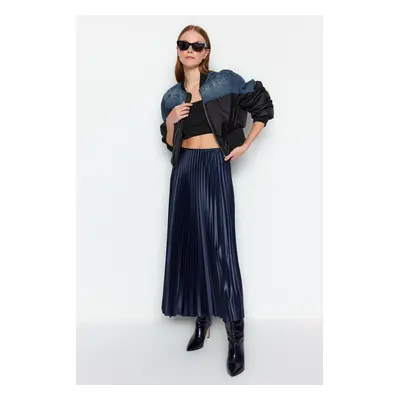 Trendyol Navy Blue Pleated Maxi Stretchy Knitted Skirt