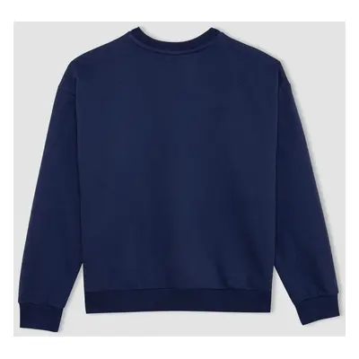 DEFACTO Navy Blue Back to School Relax Fit Crew Neck Printed Thick Casual Sweatshirt