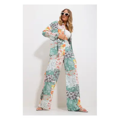 Trend Alaçatı Stili Women's Mint Patterned Shirt And Trousers Bottom Top Woven Suit