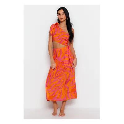 Trendyol Abstract Patterned Maxi Woven Cut Out/Window One Shoulder Beach Dress