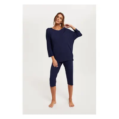 Women's Song pyjamas, 3/4 sleeve, 3/4 leg - navy blue