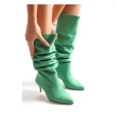 Shoeberry Women's Pia Green Suede Gathered Heel Boots Green Suede