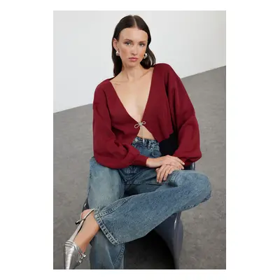 Trendyol Claret Red Super Crop Basic Bow Knit Cardigan