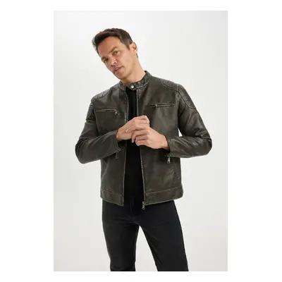 DEFACTO Slim Fit Stand Collar Lined Faux Leather Jacket Coat