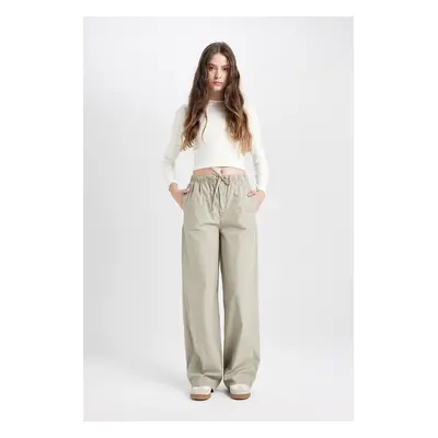 DEFACTO Cool Poplin Trousers Straight Fit Basic Plain Pocket Elastic Waist Tie