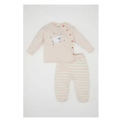 DEFACTO Baby Girl Lamb Embroidered Buttoned Long Sleeve Sweater Elastic Waist Striped Knitwear B