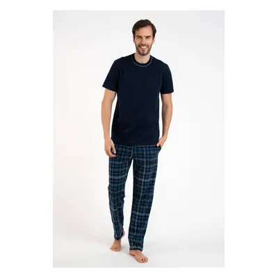 Men's pyjamas Ruben, short sleeves, long trousers - navy blue/print