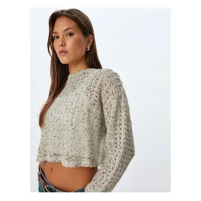 Koton Openwork Crop Sweater Long Sleeve Crew Neck