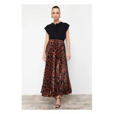 Trendyol Brown Pleated Animal Print Printed Stretchy Knitted Skirt