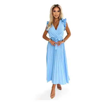 Pleated midi dress with a neckline and delicate ruffles Numoco