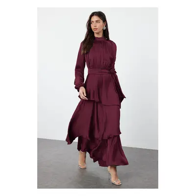 Trendyol Burgundy Skirt Layered Satin Woven Evening Dress/Evening Dress