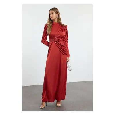 Trendyol Red Stone Embroidered Woven Satin Evening Dress