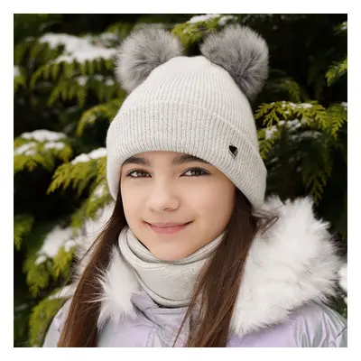 AGBO Girl's winter set: hat and tube scarf grey Milagros with two pompom