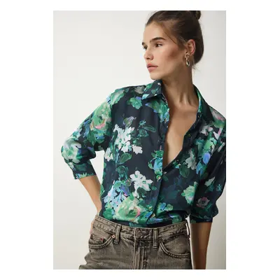 Happiness İstanbul Women's Black Green Patterned Flowy Shirt