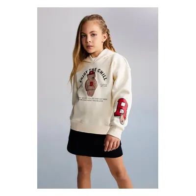 DEFACTO Girls' Hooded Printed Soft Fluffy Thick Sweatshirt