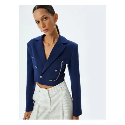 Koton Double Breasted Crop Blazer Jacket Reverse Collar Dobby Chain Detail Buttoned