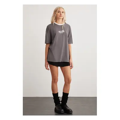 GRIMELANGE Lara Crew Neck Cotton Daily Anthracite T-shirt