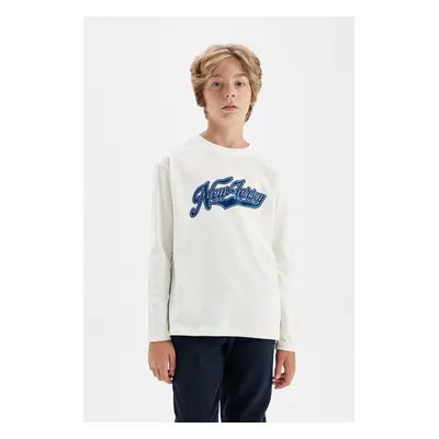 DEFACTO Boy Oversize Fit Wide Pattern Crew Neck Text Printed Long Sleeve School T-Shirt