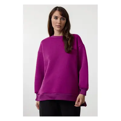 Trendyol Purple Oversize/Wide Pattern Slit Detail Thick Polar Fleece Knitted Sweatshirt