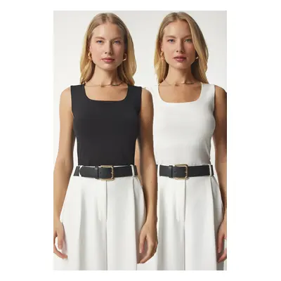 Happiness İstanbul Women's Black Ecru Sleeveless 2-Pack Sandy Blouse