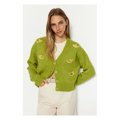 Trendyol Green Puha textúrájú hímzés Részlet V nyaki kötöttáru Cardigan