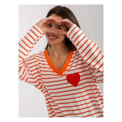 Orange-white loose striped blouse with a neckline