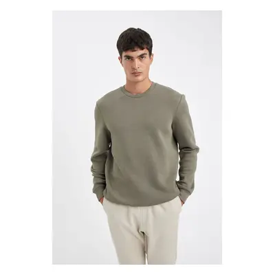 DEFACTO Khaki Thread Cotton Raised Polar Fleece Regular Fit Crew Neck Thick Sweatshirt