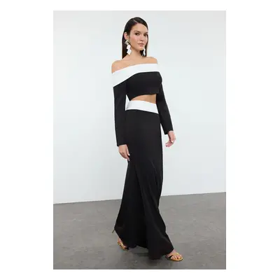 Trendyol Black-White Carmen Collar Crop Woven Bottom Top Suit