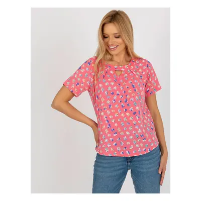 Coral print blouse with a round neckline