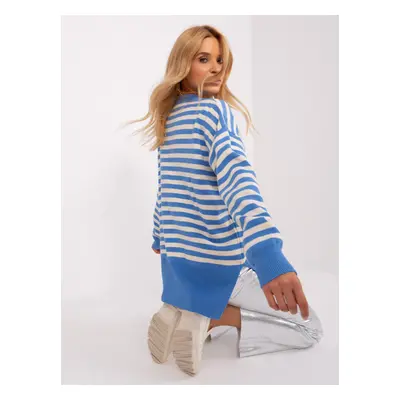 Blue and ecru striped oversize knitted sweater