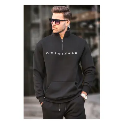 Madmext Men's Zipper Collar Embroidered Pocket Regular Sweatshirt Black