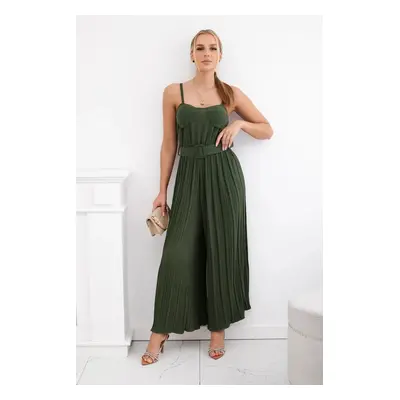 Pleated jumpsuit with khaki straps