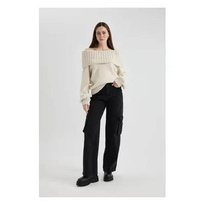 DEFACTO Straight Fit Cargo High Waist Long Jean Trousers