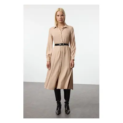 Trendyol Camel Straight Belted Midi Woven Shirt Dress Woven Dress