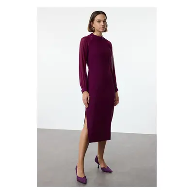 Trendyol Plum High Collar Sleeve Detailed Midi Woven Dress