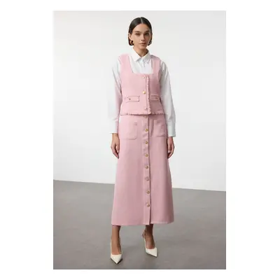 Trendyol Pink Tweed Vest Skirt Woven Bottom Top Set