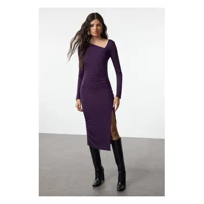 Trendyol Purple Slit Asymmetrical Collar Midi Knitted Dress