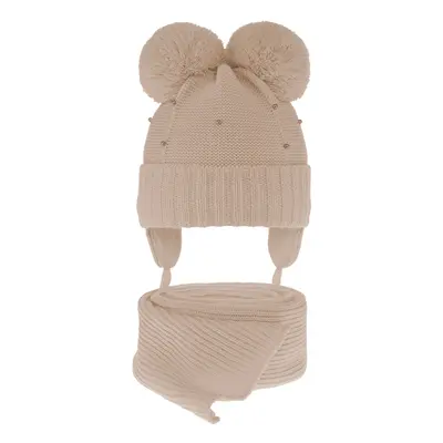 AGBO Girl's winter set: hat and scarf beige Fibien with two pompom