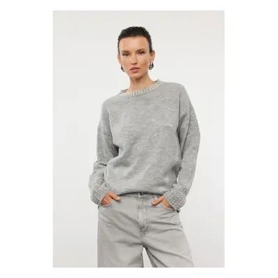 Trendyol Gray Soft Textured Stone Embroidered Knitwear Sweater