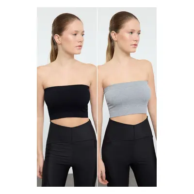 Trendyol Grey Melange- Black 2-Pack Seamless/Seamless Ribbed Strapless Knitted Sports Bra