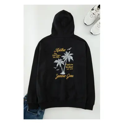 Trendyol Black Oversize/Wide Cut Hooded Sweatshirt with Polar Fleece Embroidery