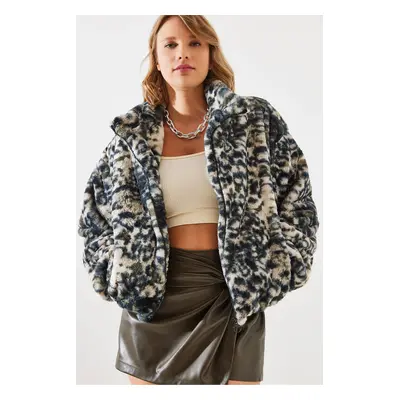 Bianco Lucci Women's Leopard Pattern Faux Für Coat