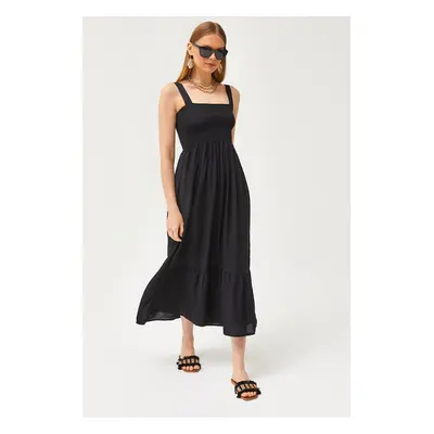 Olalook Women's Black Strap Midi Woven Viscose Dress