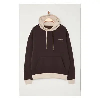 Trendyol Dark Brown Oversize/Wide Cut Hooded Fleece Inside Color Block Embroidered Sweatshirt