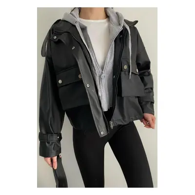 38887 Dewberry Grey Hooded Women PU Jacket-BLACK