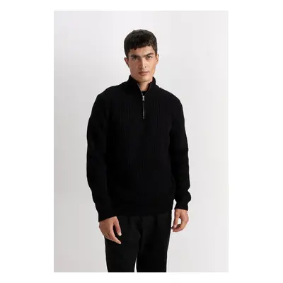 DEFACTO Men's Black Standard Fit Regular Cut Bato Collar Zippered Plain Sweater