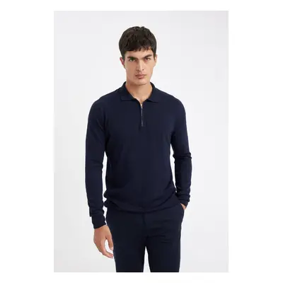 DEFACTO Navy Blue Standard Fit Regular Cut Zippered Polo Neck Knitwear Sweater