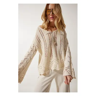 Happiness İstanbul Women's Cream Openwork Seasonal Knitwear Sweater