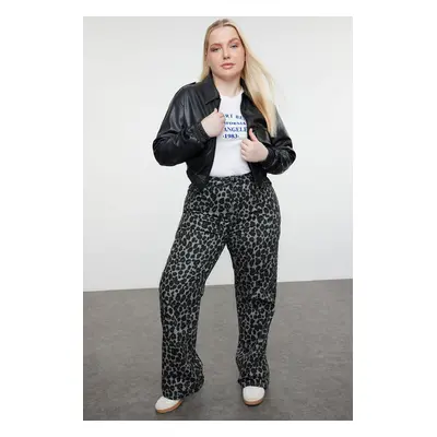 Trendyol Curve Anthracite High Waist Leopard Patterned Straight Fit Plus Size Jeans